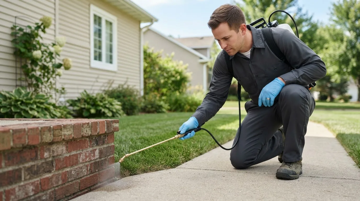 Pest control technician treating a home near Shirley Mills, ME