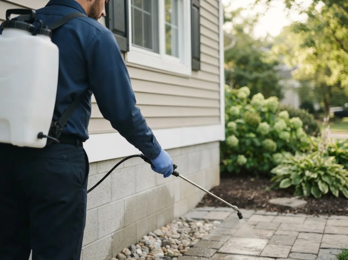 Pest control technician inspecting a home in Shirley Mills, ME